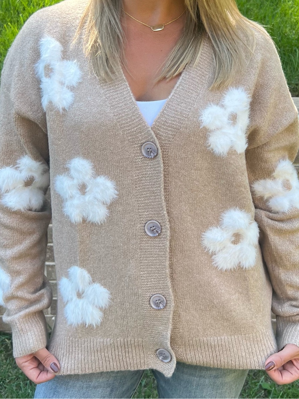 Fuzzy Floral Beige V-Neck Button Cardigan